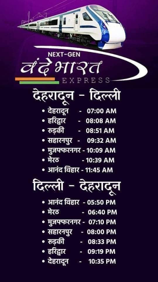 SantoshGangwaar's tweet photo. उत्तराखंड को मिली वंदे भारत की सौगात 🤷
ट्रेन के संचालन की समय सारिणी 👇
#VandeBharatExpress #Dehradun https://t.co/wFiskj3dyg