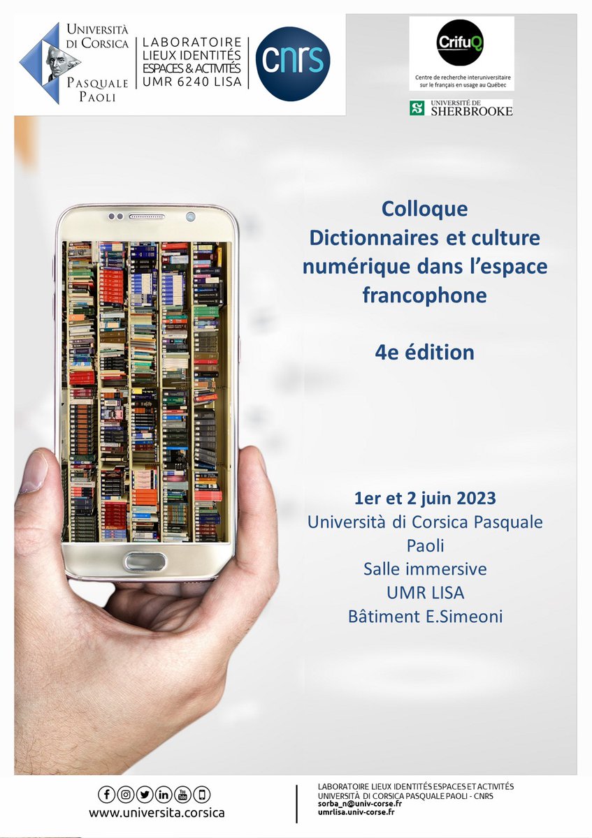 umrlisa's tweet photo. 📣Le 1er et 2 juin en salle immersive à l'UMR LISA, retrouvez le colloque : "Dictionnaires et culture numérique dans l'espace francophone".

↪️ https://t.co/KcNIxmS0FN

#umrlisa #Univcorse #dr12_cnrs #inshs #colloque #dictionnaire https://t.co/9ru5X0hhnh