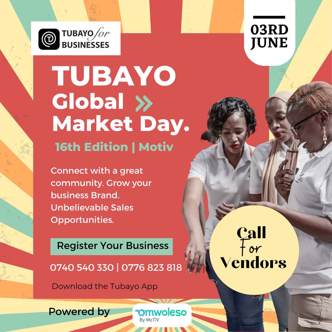 A CALL FOR VENDORS :

Get your business super powered by registering for the coming edition of #TubayoMarketDay

Enhance your business visibility & market size in the community by show casing your products

Organised by @tubayotravel in conjunction with @FlipMode_UG, register now