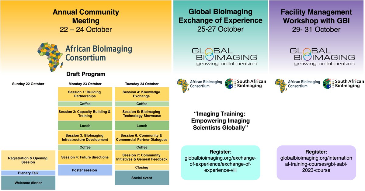 📣 Registrations are open for the 2nd annual ABIC Community Meeting, in Stellenbosch, South Africa, from 22-24 October 2023. 🌍🇿🇦 Registration is free and a limited number of travel fellowships are available for scientists in Africa. Find out more: africanbioimaging.org/community-meet…