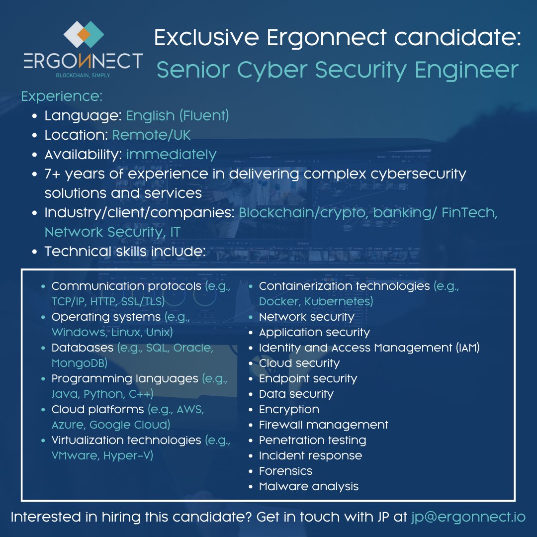 Ergonnect1's tweet photo. 🔦 This week’s candidate spotlight? A Senior Cyber Security Engineer and a Cloud Developer, both with extensive experience and available immediately. Do you want to be featured in our candidate spotlight? Reach out to JP at jp@ergonnect.io

#hiring #crypto #web3 #bitcoin #ai https://t.co/Mqat8l85sQ