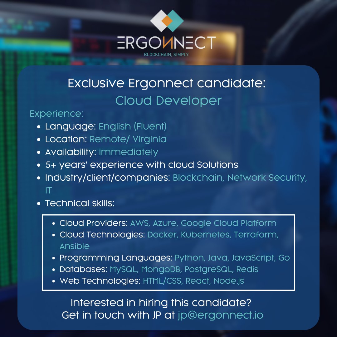 Ergonnect1's tweet photo. 🔦 This week’s candidate spotlight? A Senior Cyber Security Engineer and a Cloud Developer, both with extensive experience and available immediately. Do you want to be featured in our candidate spotlight? Reach out to JP at jp@ergonnect.io

#hiring #crypto #web3 #bitcoin #ai https://t.co/Mqat8l85sQ