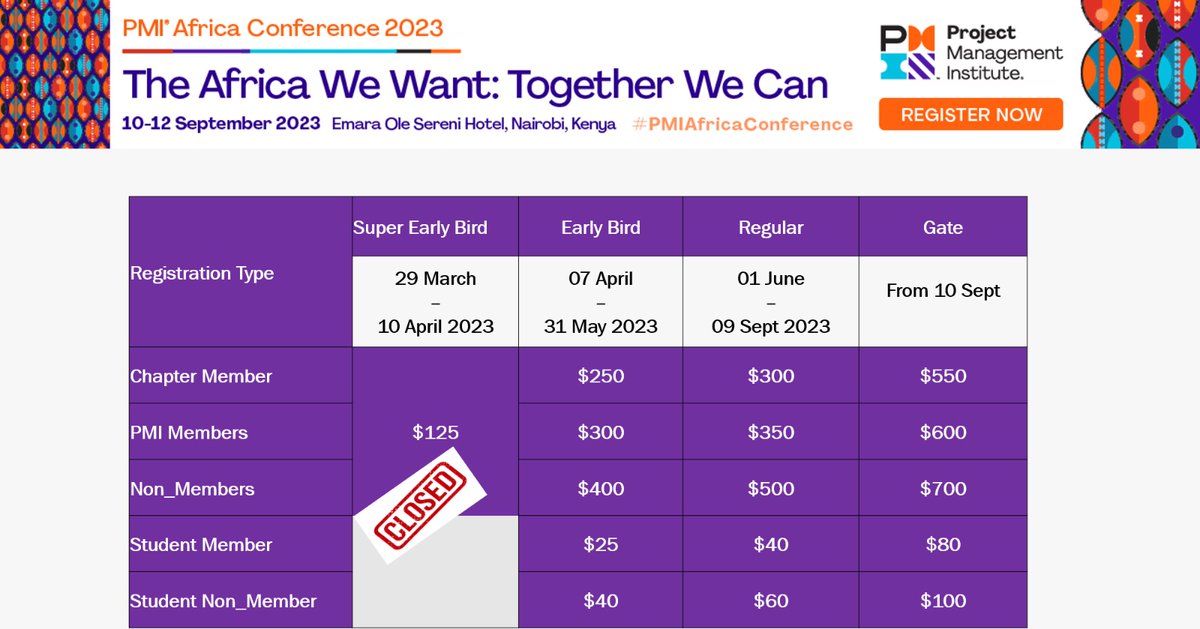 Calling all early birds! 🐦 Don't miss out on the incredible opportunity to register for the PMI Africa Regional Conference 2023 at the early bird rate ending on May 31, 2023! 🌍🌟

👉 Registration Link: pmiafricaconference.com/registration/