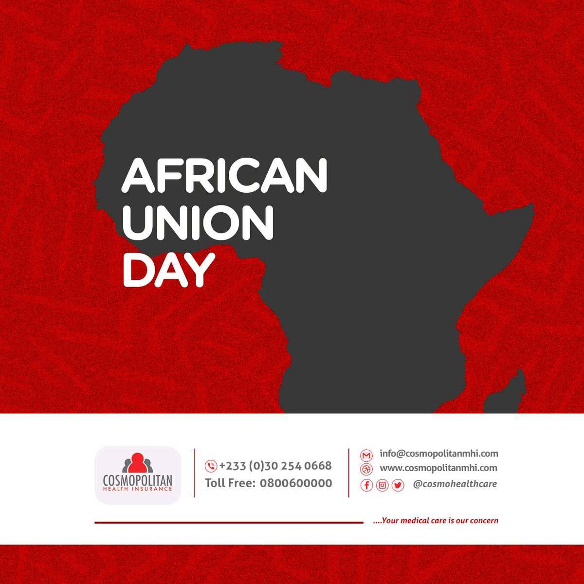 Happy African Union Day! 

Today we celebrate our rich and diverse heritage. 

At CHI, we believe in protecting and promoting our continent. 

That's why we've got you covered with our reliable insurance solutions...

Go AFRICA! 

#africanunionday #cosmohealthcare