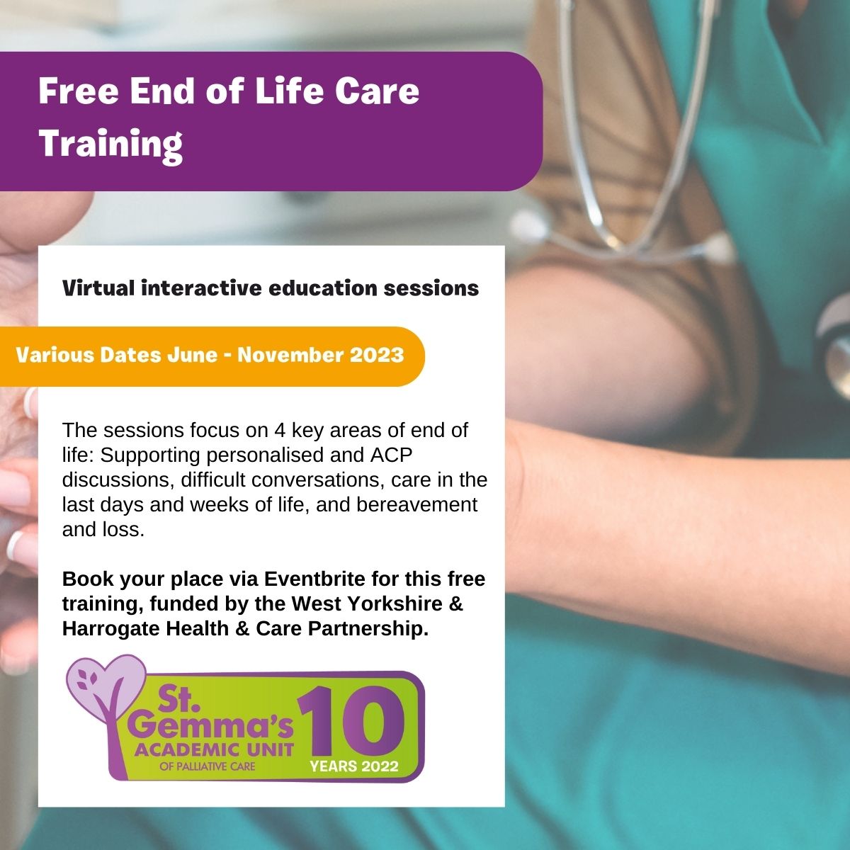 stgemmashospice's tweet photo. Do you look after individuals at the end of life?

We offer free end of life care education to anyone who delivers care across West Yorkshire, including health, social care &amp; VCSE staff &amp; volunteers.

Book your place via Eventbrite: https://t.co/Gshd3gGQWa
#palliativecare #eloc https://t.co/cUPEheA7Sh