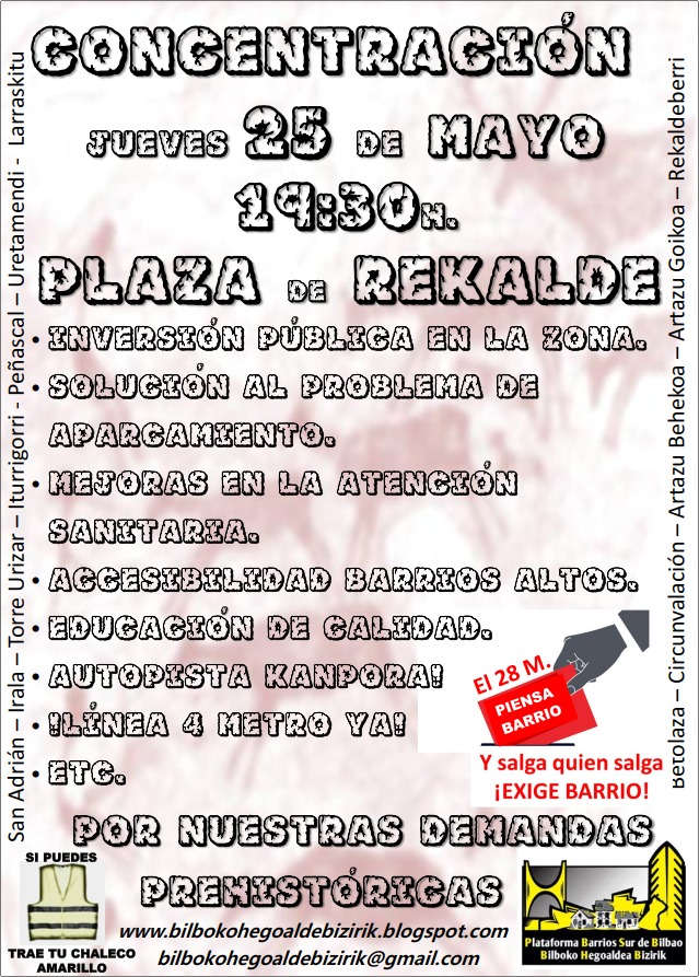 Ez ahaztu!!!! Gaur kontzentrazioa Errekaldeko plazan!!!
Historiaurreko gure aldarrikapenak entzun daitezen!!!

👉 Inversión pública.
👉 Accesibilidad.
👉 Línea 4 Metro YA!!
👉 Autopista KANPORA!!
👉 Transporte público.

@bilbokohegoalde <a href="/bilbao_udala/">Bilbao [Udala - Ayuntamiento]</a>

#BilbokoHegoaldekoAuzoak