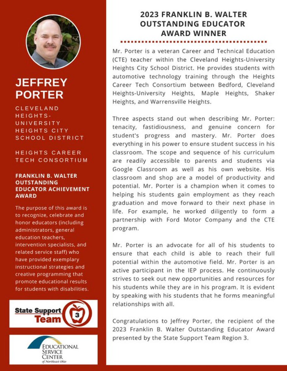 Congratulations Mr. Jeffrey Porter on your well deserved 2023 Franklin B. Walter Outstanding Educator Award Winner 🏆 @HeightsHighCHUH @CHUHOptions @HeightsCTE @CHUHCurriculum #Congratulations #SST3 #TigerNation