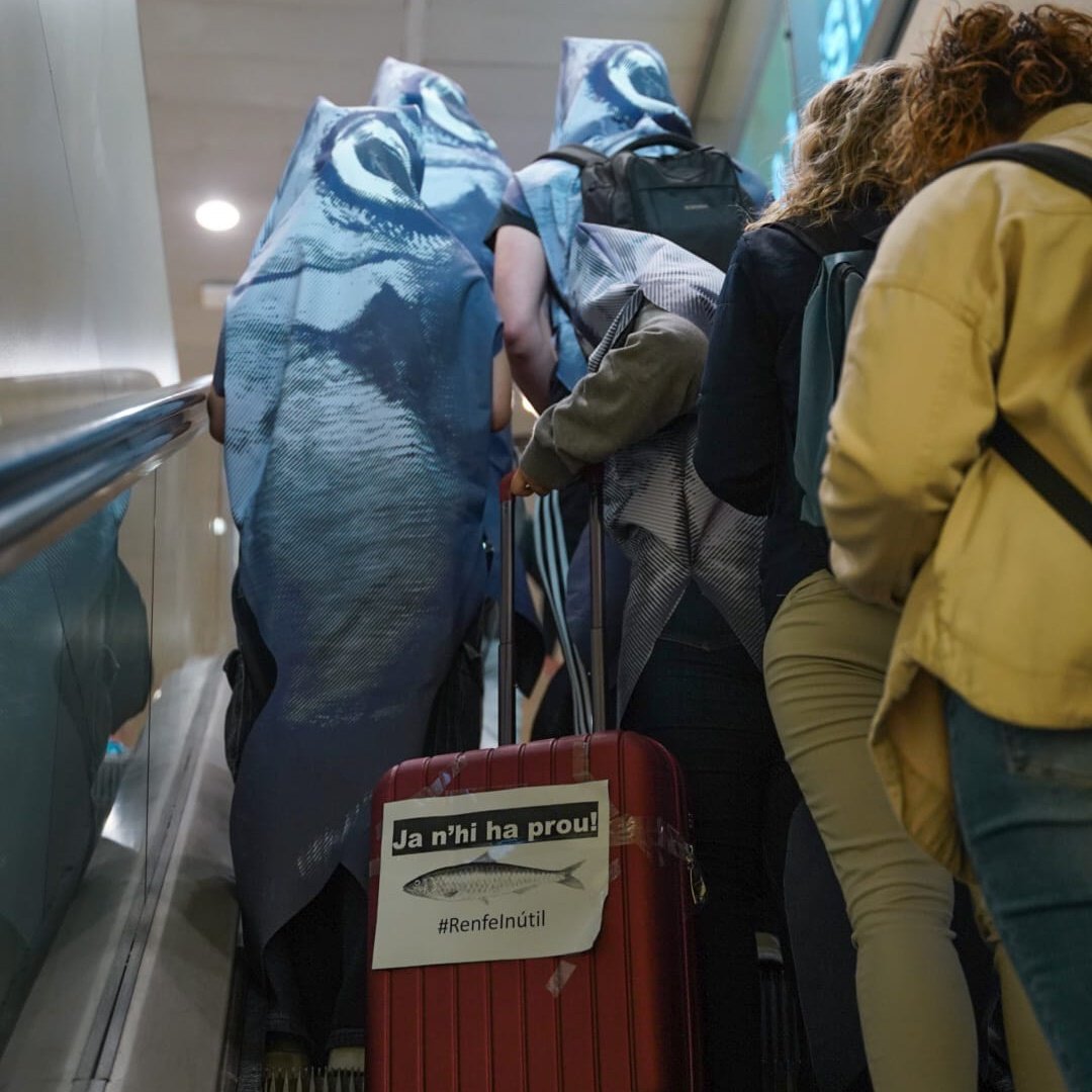 ❌️RENFE ENS FA ANAR APRETADES COM SARDINES❌️
👉🏼Almenys mitja dotzena de persones han pujat als trens de Rodalies disfressades de sardines per expressar el malestar amb la gestió del PSC amb Rodalies.
✊🏼Reparteixen fulletons on expliquen el desastre de Rodalies.