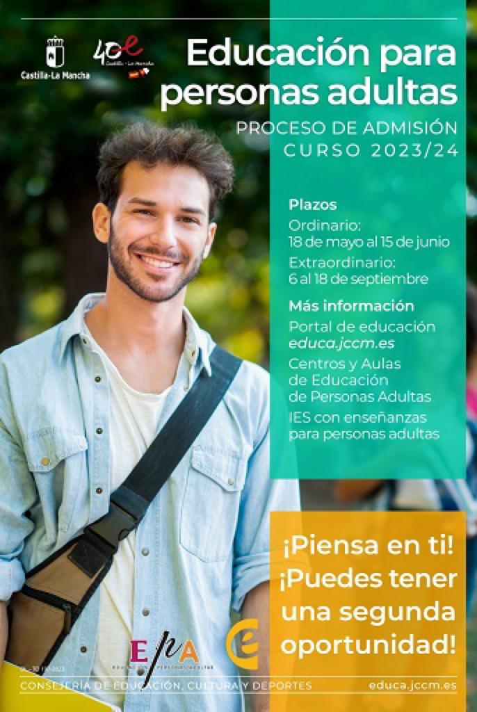 🆕 Comienza el proceso de admisión para el curso 2023/2024.

👉 Hasta el 15 de junio el periodo ordinario y desde el 6 al 18 de septiembre el extraordinario. Puedes obtener más información en educa.jccm.es/es.
