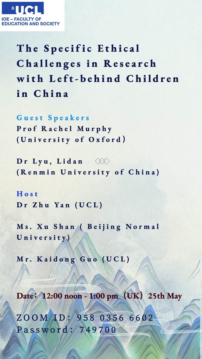 Join us today to discuss ethical challenges in research with left-behind children in China. Join Zoom Meeting
ucl.zoom.us/j/95803566602?…

Meeting ID: 958 0356 6602
Passcode: 749700