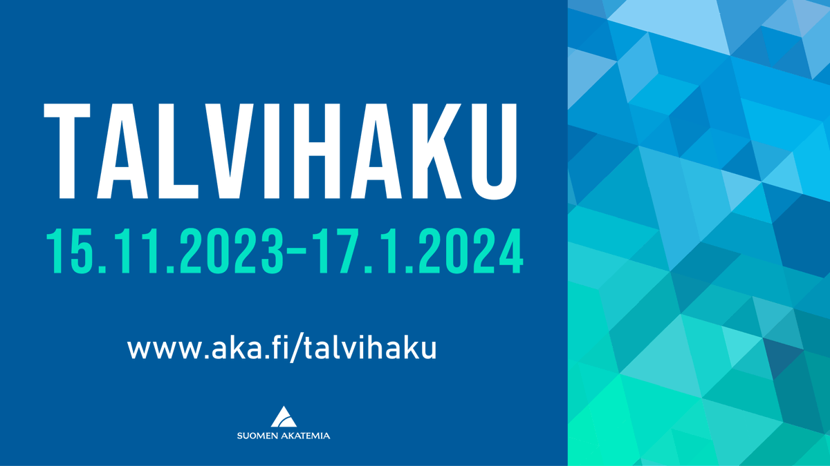 SuomenAkatemia's tweet photo. Laita ylös #talvihaku 2024 päivämäärät:

🔹Hakuilmoitus julki lokakuun 2023 lopulla
🔹Hakuaika: 15.11.2023 - 17.1.2024

Haettavana akatemiahankkeet, akatemiatutkijan tehtävät, kliinisen tutkijan tehtävät ja liikuntatutkimuksen akatemiaohjelma.

Lue lisää: https://t.co/r18QRZbKtl https://t.co/24Vu3qE4HM