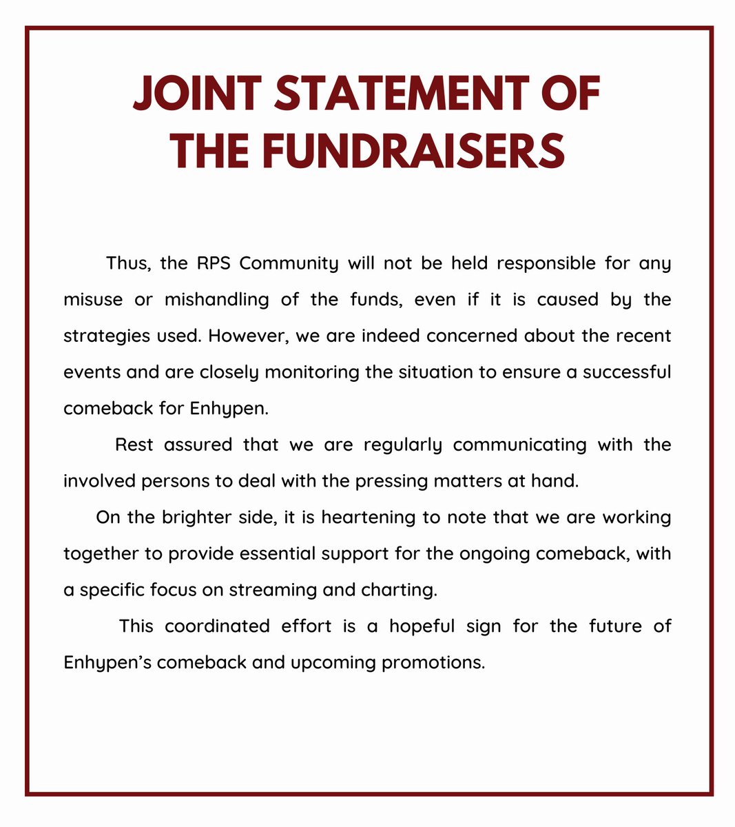 septennialove's tweet photo. [ ANNOUNCEMENT ] 

Hello!

To further support ENHYPEN &amp; handle the current situation w/ the K-charts, the fundraising present in the RPS Community have come to work as one to create a team specifically for streaming &amp; charting. Please see the official statement below.

Thank you. https://t.co/PFarfOCRSg