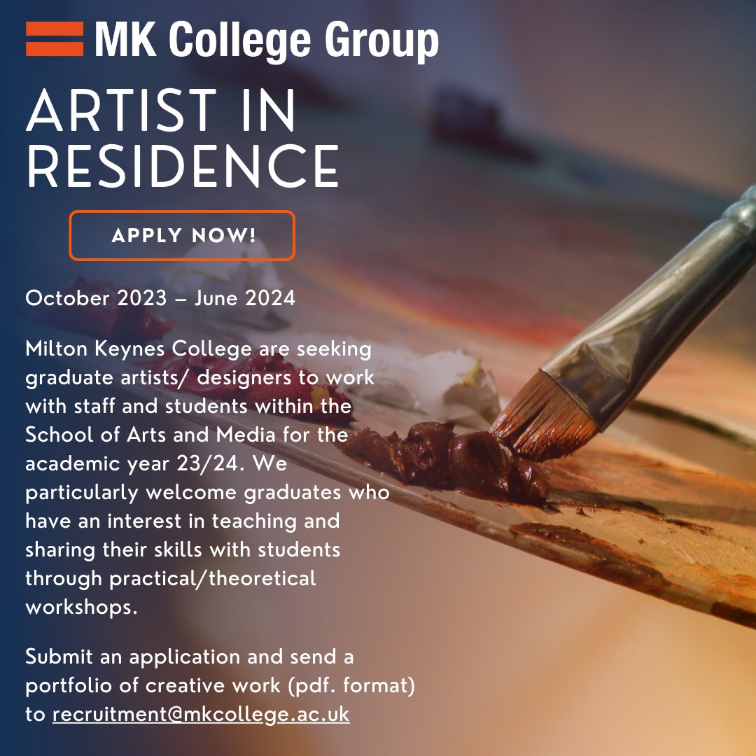MKCollegeJobs's tweet photo. We are seeking graduate artists/ designers to work with staff and students within the School of Arts and Media for the academic year 23/24.
https://t.co/nxzV5RDrn3
#joinmkcollege
#art
#artist
#artresidency
#FastForwardFriday https://t.co/OFxBMGlGVq
