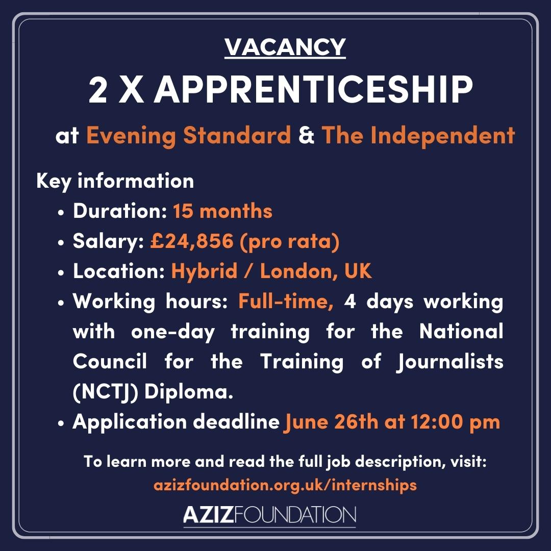 Aziz Foundation (@azizfndn) on Twitter photo 📢 Exciting news! The Aziz Foundation is teaming up with <a href="/Independent/">The Independent</a> and @EveningStandard to offer 2 apprenticeships and 2 internships for British-Muslim aspiring journalists 📝💼
Apply by June 26th, noon. Spread the word!
To find out more, visit: azizfoundation.org.uk/internships 📢 Exciting news! The Aziz Foundation is teaming up with <a href="/Independent/">The Independent</a> and @EveningStandard to offer 2 apprenticeships and 2 internships for British-Muslim aspiring journalists 📝💼
Apply by June 26th, noon. Spread the word!
To find out more, visit: azizfoundation.org.uk/internships