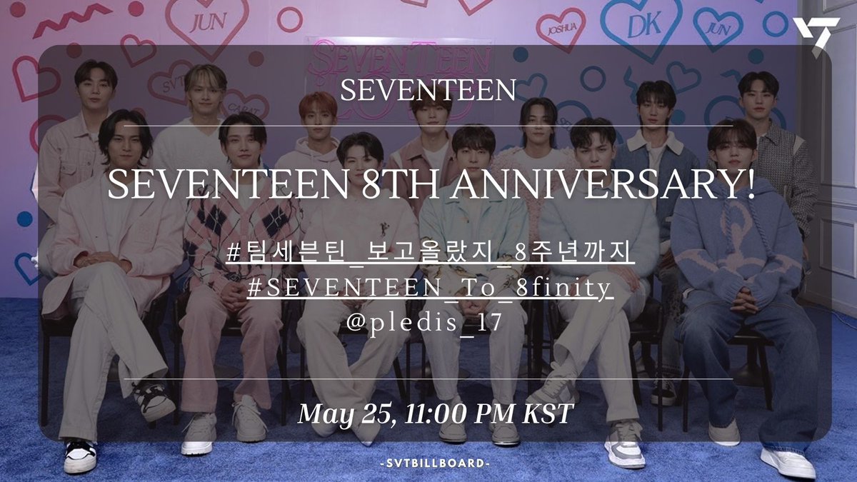 svtbillboard's tweet photo. [#HASHTAG_ANNOUNCEMENT] 

📍 SVT Debut 

Time flies so fast and we are celebrating their 8th year of debut?! Join us later using these hashtags! 👇

👉: SEVENTEEN 8TH ANNIVERSARY! 
🇰🇷: #.팀세븐틴_보고올랐지_8주년까지
🌎: #.SEVENTEEN_To_8finity @pledis_17 

⏰: 11 PM KST, May 25 https://t.co/iqtudGmp70