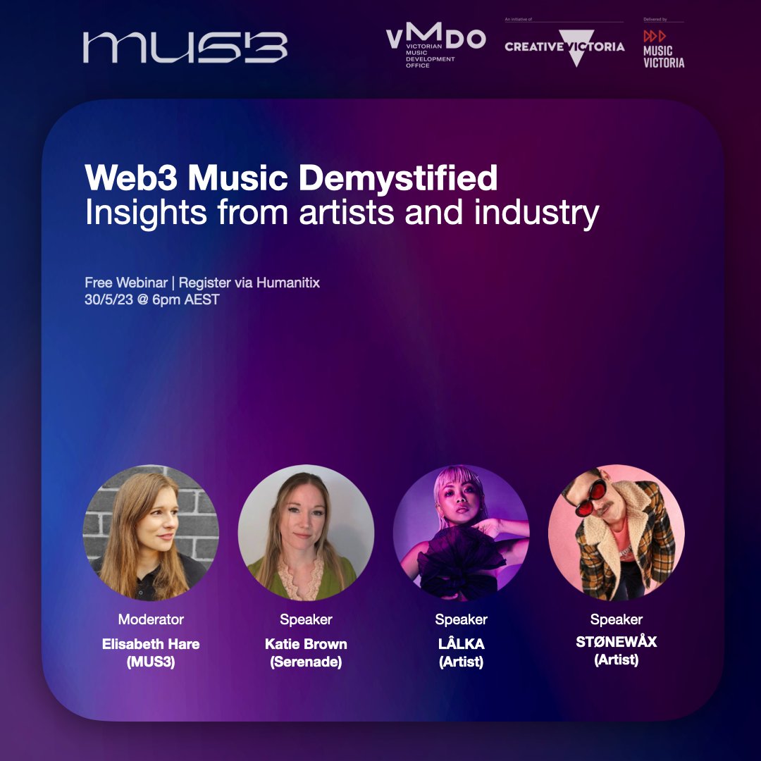 MUS3 (@mus3learning) on Twitter photo Only five ✋ days till you can join us and @VMDO_ online to talk #web3music 😍🎵 insights and experiences with artists <a href="/iamLALKA/">LÂLKA //effervescent glitchy futuristic club music</a> + @StonewaxProd, and Katie Brown from @serenade__co.
Registration link in comments > Only five ✋ days till you can join us and @VMDO_ online to talk #web3music 😍🎵 insights and experiences with artists <a href="/iamLALKA/">LÂLKA //effervescent glitchy futuristic club music</a> + @StonewaxProd, and Katie Brown from @serenade__co.
Registration link in comments >