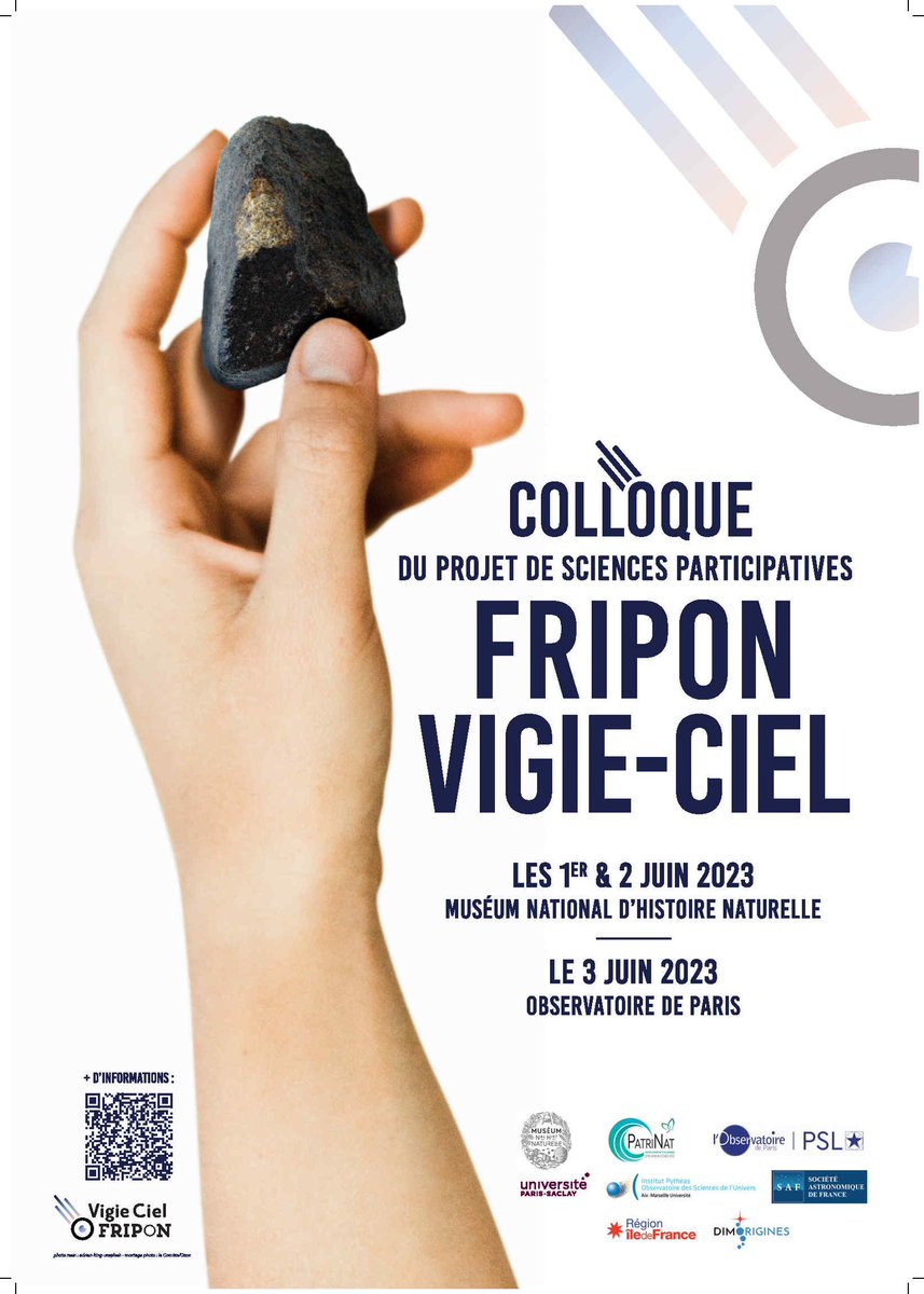 💫🪨 Colloque du prog de sciences participatives FRIPON/Vigie-Ciel 1er au 3 juin. Cet évé sera l’occasion de réunir les médiateurs, chercheurs, amateurs, enseignants impliqués. <a href="/DimOrigines/">DIM ORIGINES</a> <a href="/Obs_Paris/">Observatoire de Paris | PSL</a> <a href="/Le_Museum/">Muséum national d'Histoire naturelle</a> <a href="/safastrofrance/">Société Astronomique de France</a> <a href="/UnivParisSaclay/">Université Paris-Saclay</a> 
=> : patrinat.fr/fr/agenda/coll…