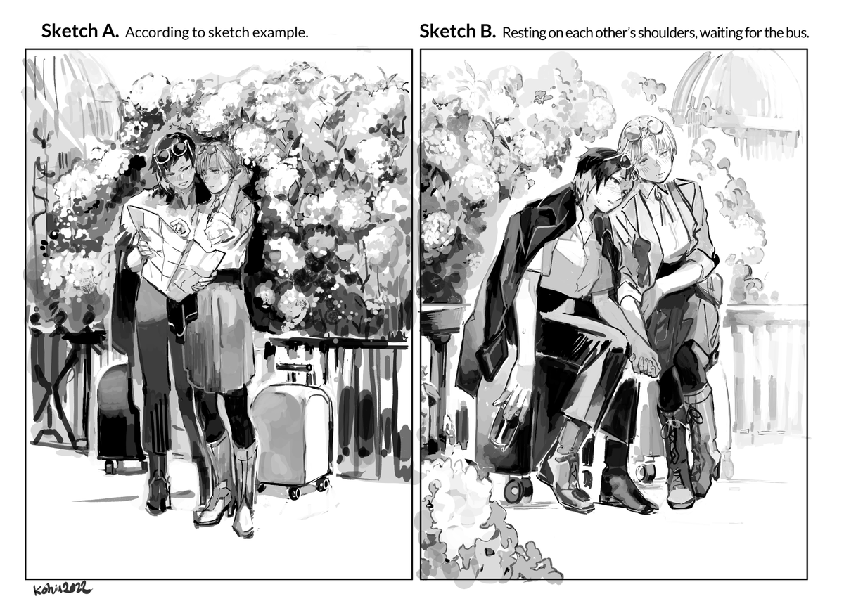 angebinah on their tropical honeymoon vacation for @lesbinah ! With alternative sketches. This commission was drawn entirely on Ipad Pro 11's Clip Studio Paint.