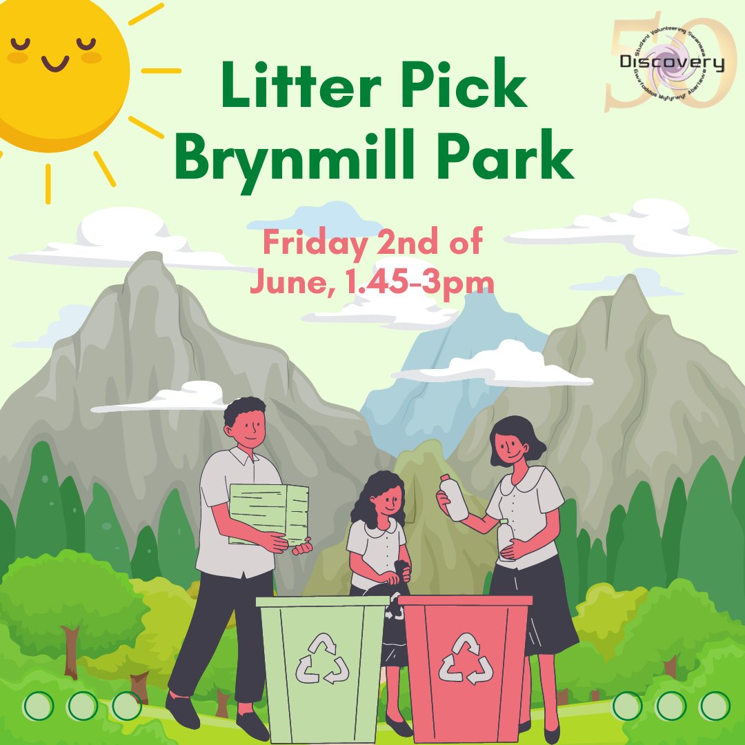 DiscoverySVS's tweet photo. Join us in helping the environment by doing a litter pick at Brynmil Park and finding out more about the litter picks!
Meet at the Discovery office at 1.45 pm on the 2nd of June (Friday).
Sign up for this one off on the volunteer platform 
https://t.co/rud3WlI7Nt https://t.co/IKZC5sExFG