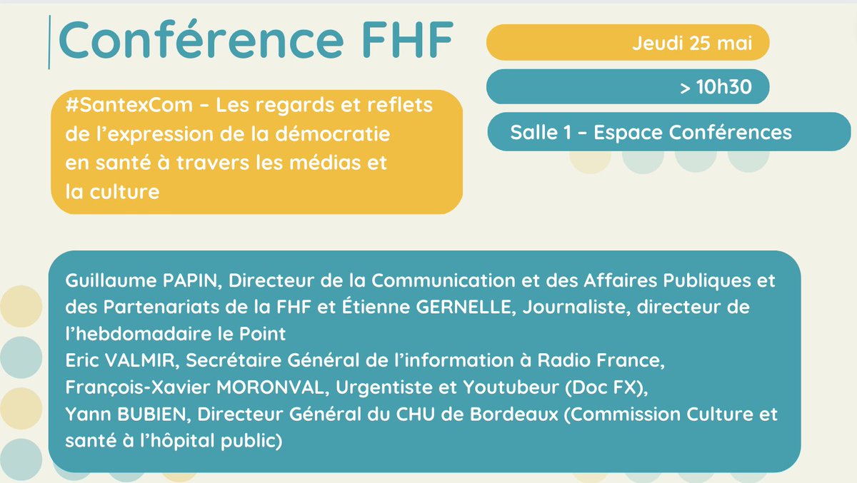 parisSANTEXPO's tweet photo. ⏰10h30 [A ne pas rater]📍 Rdv en Salle 1 Espace Conférences | #SantexCom: Les regards et reflets de l’expression de la démocratie en santé à travers les médias et la culture @GuillaumePap1 
 @laFHF @gernelle @LePoint  Eric VALMIR @radiofrance @FXMoronval @yannbubien @CHUBordeaux https://t.co/Ym4Se6r2UL