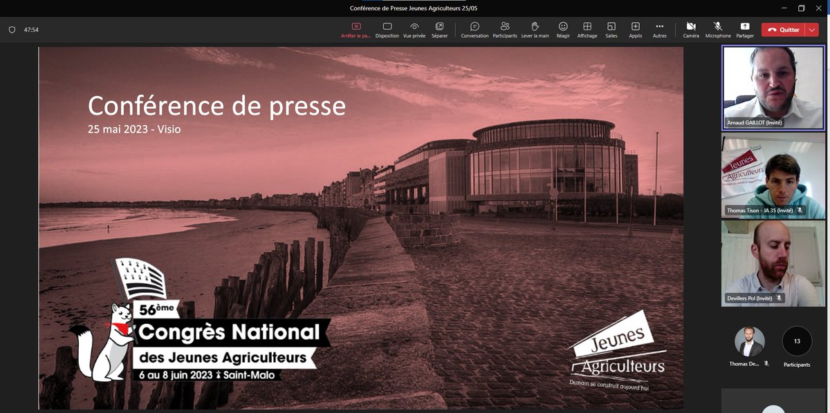 Conférence de presse de présentation du #CongrèsJA qui aura lieu du 6 au 8 juin :
➡️Présentation du département d'accueil par <a href="/JeunesAgri35/">Jeunes Agriculteurs 35</a> 
➡️Grands enjeux de notre rapport d'orientation sur le changement climatique 
➡️Conclusions des concertations #PLOAA par <a href="/gaillot_arnaud/">GAILLOT Arnaud</a>
