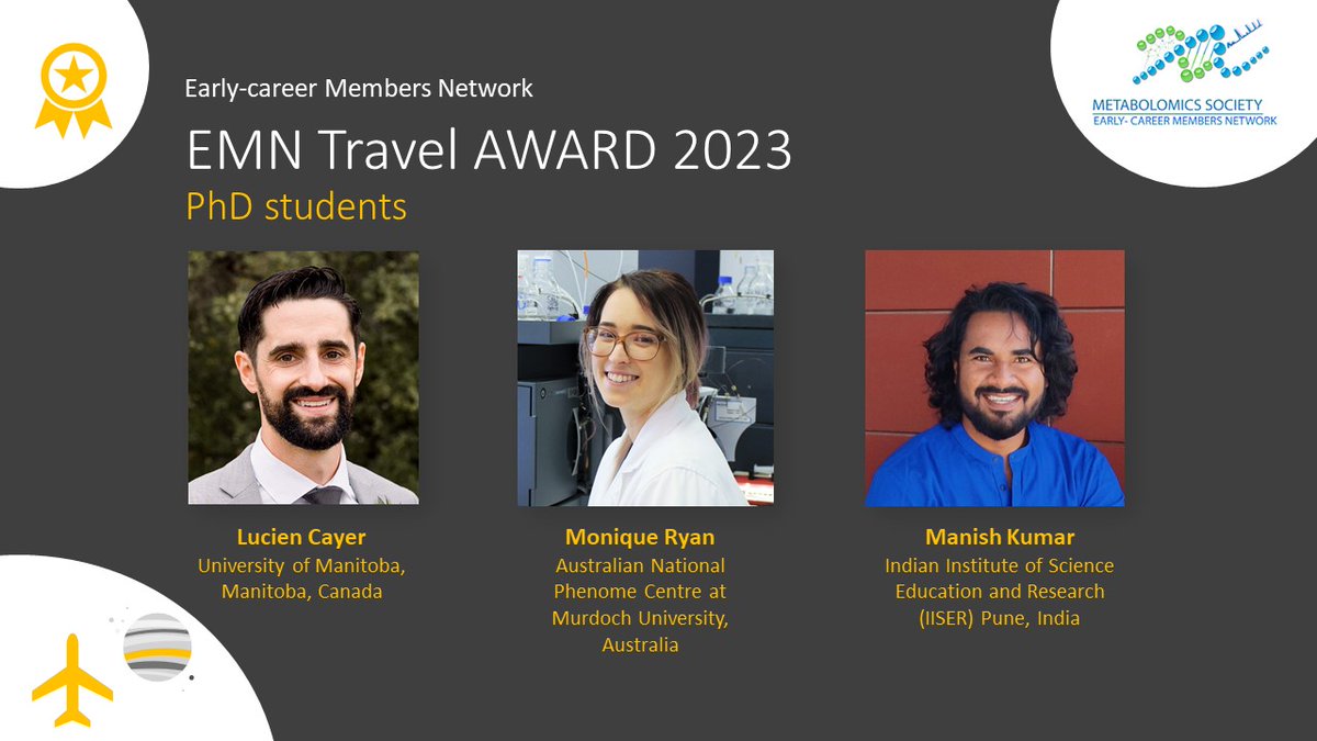 Congratulations to EMN Travel Award 2023 winners in the PhD student category: Lucien Cayer, Monique Ryan, and Manish Kumar (@ManishKumar_22)! We are looking forward to your presentations and meeting you all at the @MetabolomicsSoc conference in Niagara Falls, Canada! #MetSoc2023