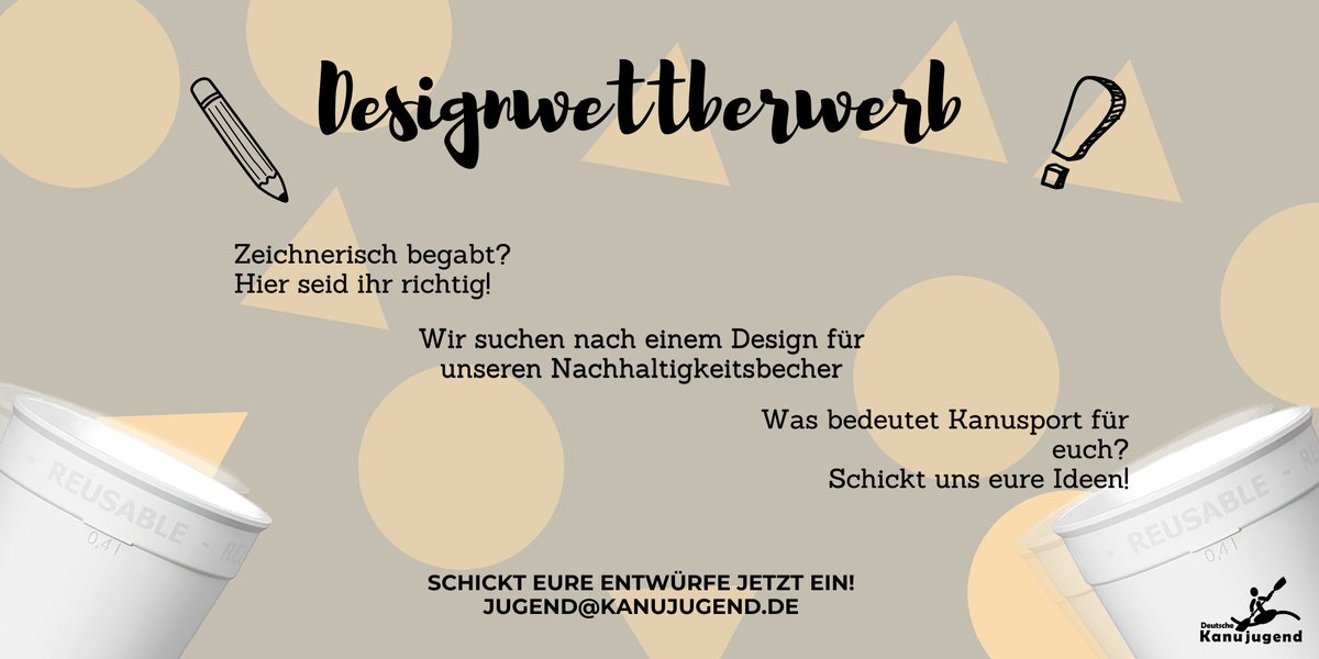 Tauche ein in die nachhaltige Welt des Kanusports! 🌍🌊 
Gestalte ein Design für den Nachhaltigkeitsbecher, der die Faszination und Freiheit des Kanusports einfängt. Lass deine Kreativität sprudeln! 🎨💡 
Mach mit und zeige, was Kanusport für dich bedeutet! 🏆#DesignWettbewerb
