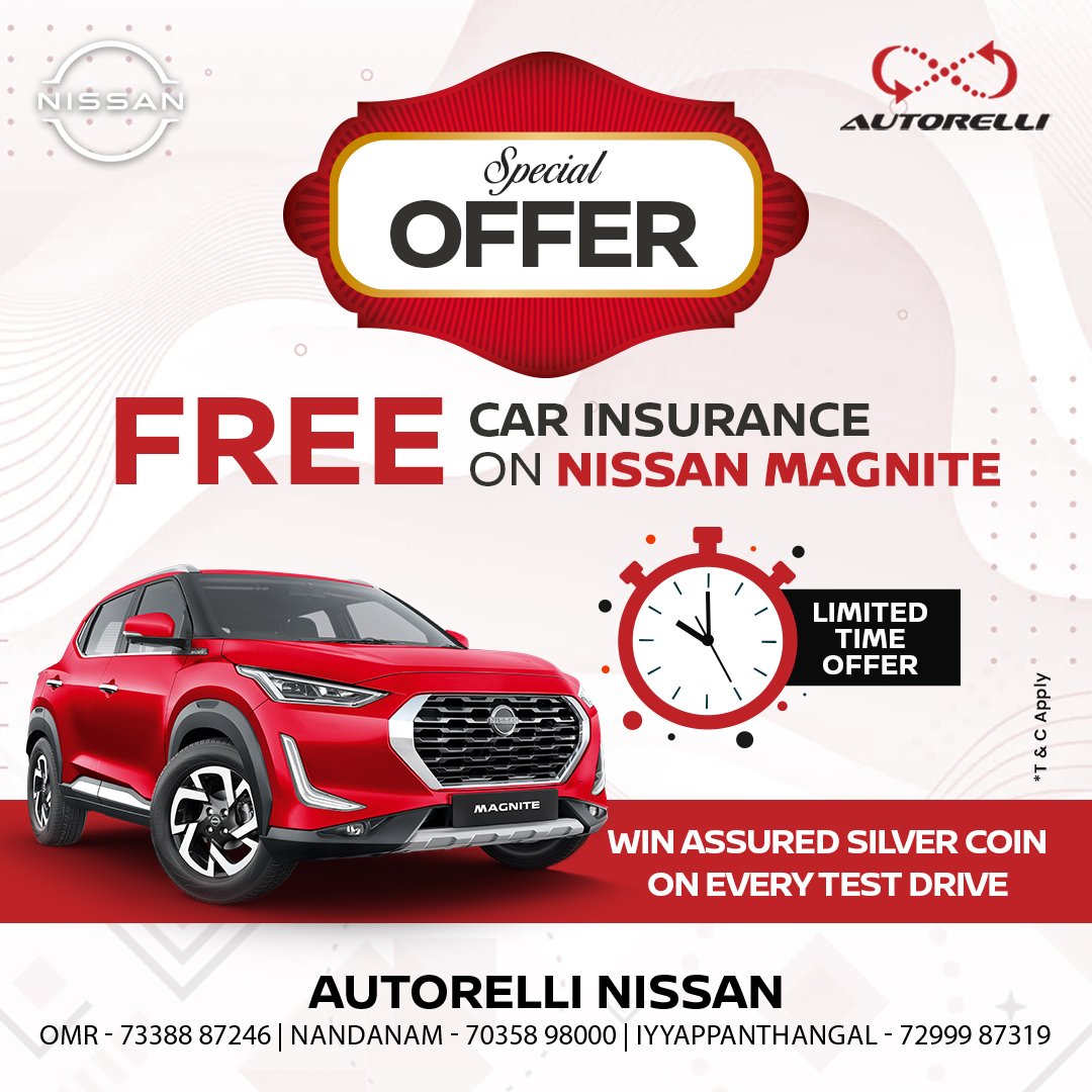 autorelli's tweet image. Get the 𝐍𝐢𝐬𝐬𝐚𝐧 𝐌𝐚𝐠𝐧𝐢𝐭𝐞 with 🆓 insurance and win an assured 🪙 on every test drive! Limited time only! ⏳ #FreeInsurance #TestDriveAndWin

👉 For  TD 📞 on +91 7677674000

#Autorelli #Nissan #Chennai #NissanMagnite  #LimitedTimeOffer #SpecialOffer #CarInsurance