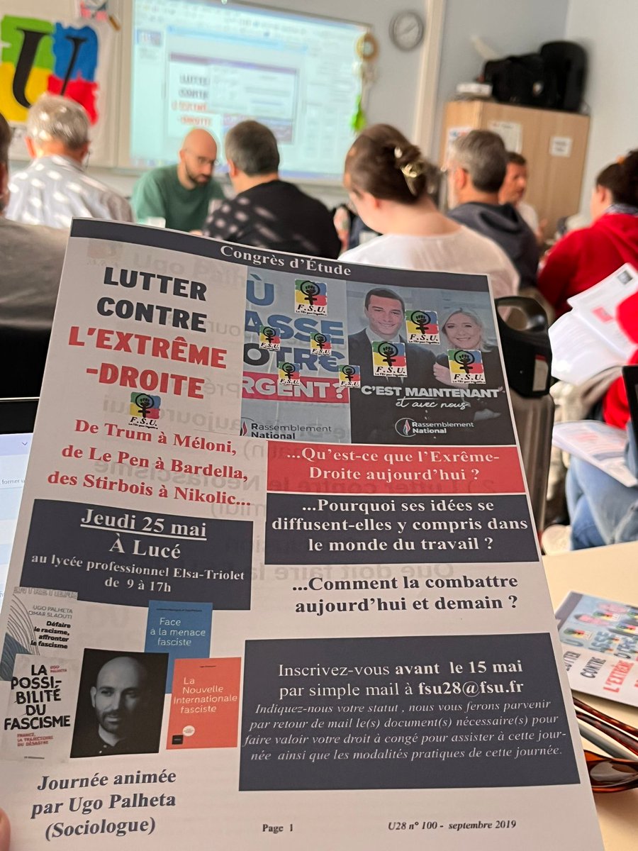 fsu_28's tweet photo. En direct du Congrès d'étude de la #FSU28 "Lutter contre l'extrême-droite" au lycée E.Triolet, autour du sociologue #UgoPalheta. https://t.co/lFKuUy6oF3
