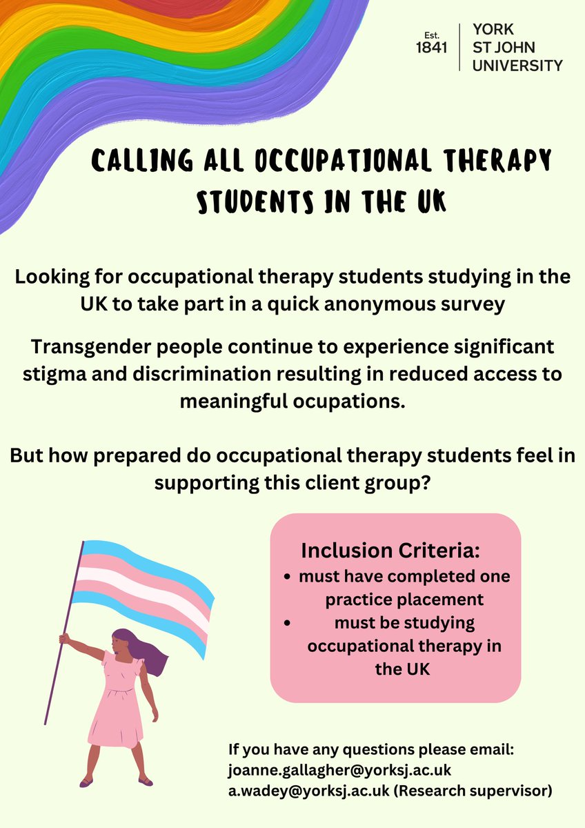 📣RECRUITING OT STUDENTS Are you studying in the UK and have completed at least one practice placement? It would be great if you could complete my survey as part of my MSc in occupational therapy @YSJOT yorksj.eu.qualtrics.com/jfe/form/SV_5j… Any shares are also greatly appreciated