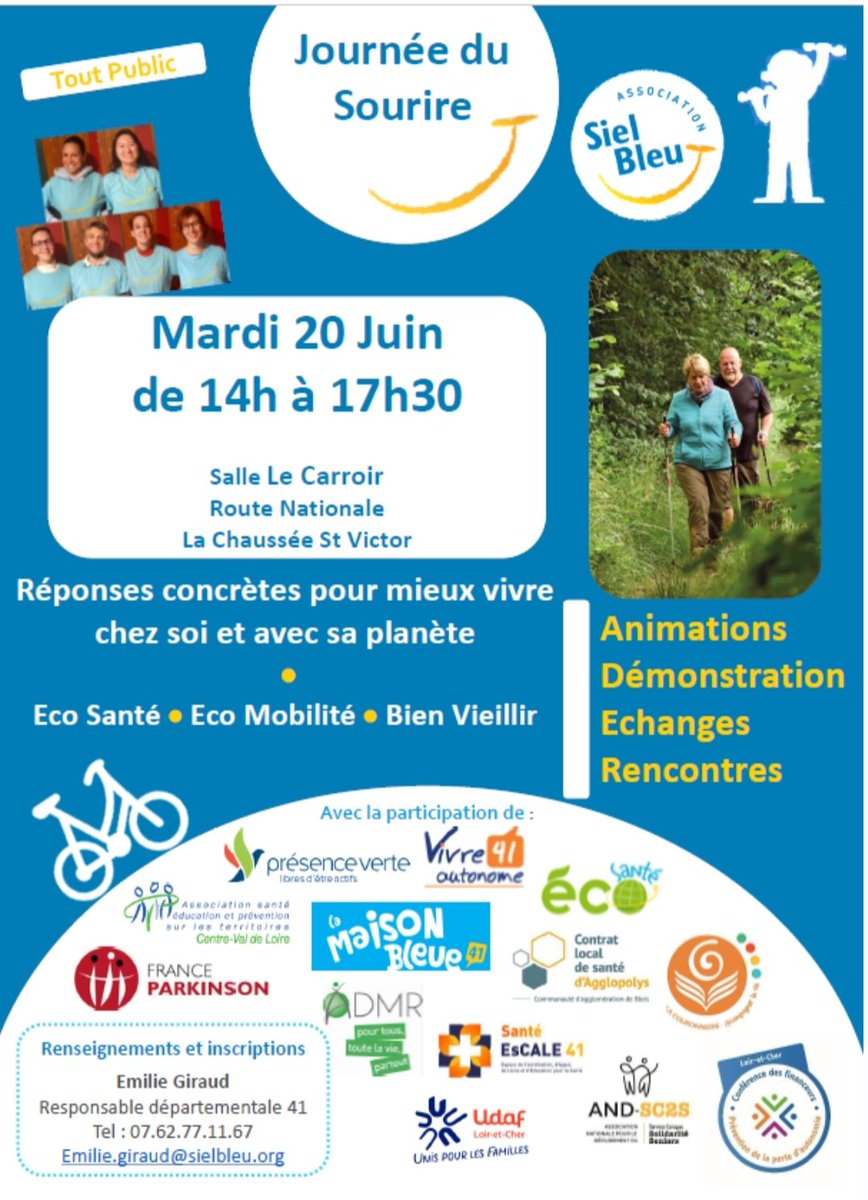 C'est avec grand plaisir que je vous invite à la Journée du Sourire by Siel Bleu 41 le 20 juin 2023. 

Venez rencontrer les équipes Siel Bleu, leurs projets et ceux de nos partenaires.
<a href="/Aseptcvl/">ASEPT Centre Val de Loire</a> <a href="/departement41/">Département de Loir-et-Cher</a> <a href="/assosielbleu/">Association Siel Bleu</a> <a href="/SielBleuCVDL/">Siel Bleu CVDL</a> <a href="/MaisondelaVie/">Maison de la Vie</a> @PresenceVertePO