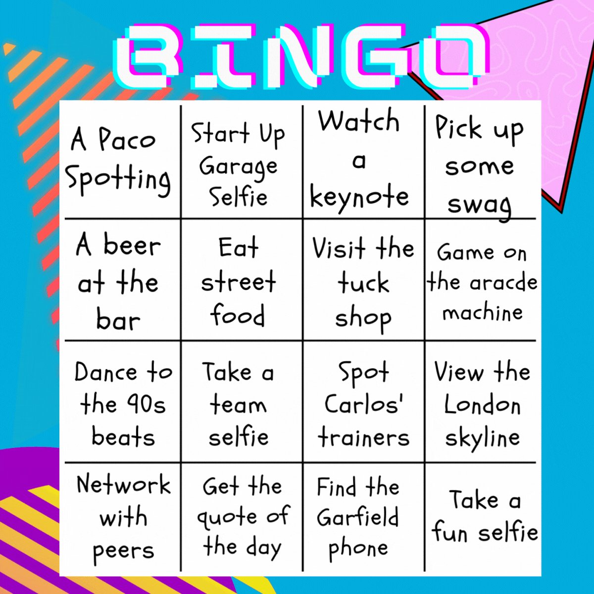 lxahub's tweet photo. We’ve got the sparkly, 90s AntiConLX Global Bingo to fill in while you’re strolling around Magazine today!

The first one to get a line wins a prize.  So, snap a couple of shots of each square for proof and head down to the tuck shop. 

#AntiConLX #KeepUpgrading #martech https://t.co/LpIdX2x3fM