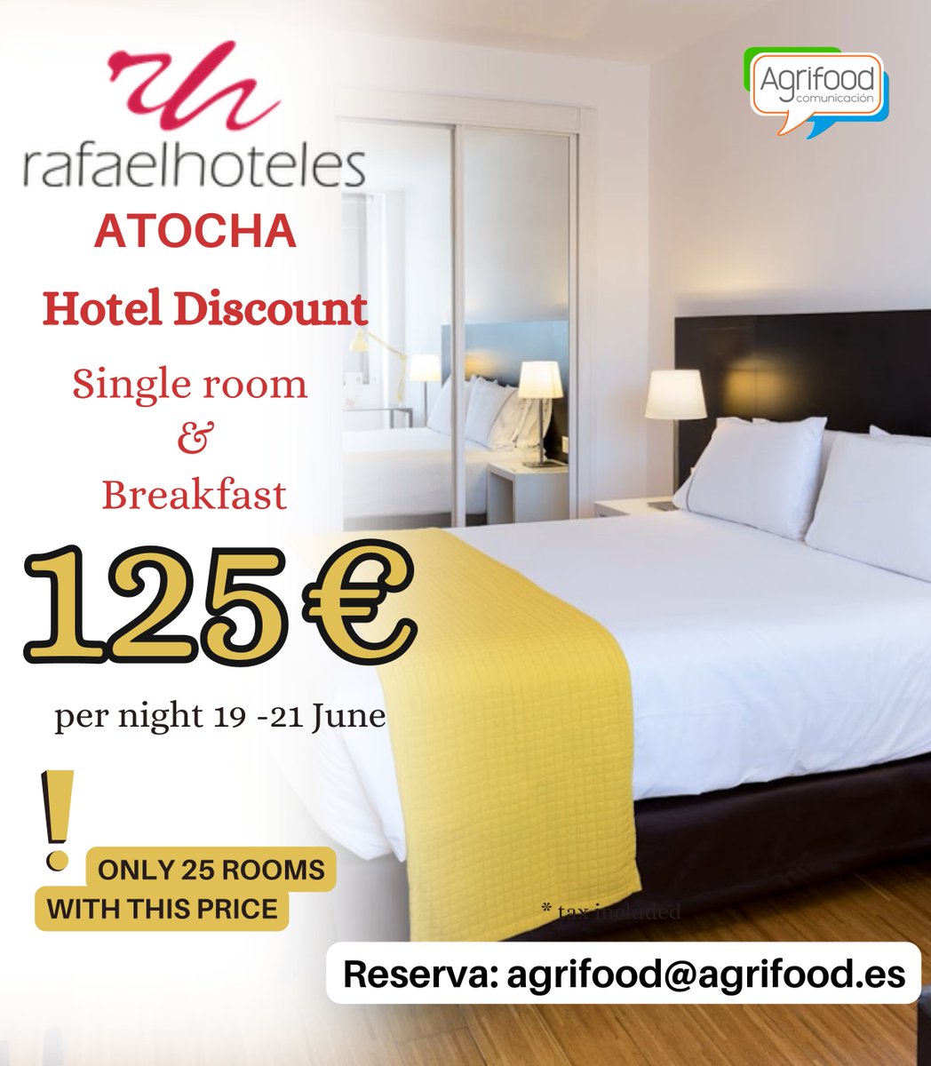 lacocteleraaf's tweet photo. ‼️¡Ven a Madrid y disfruta de este súper chollo! Escríbe a agrifood@agrifood.es para reservar
😎 Habitación sencilla y desayuno ¡corre que se acaban! @Agrifoodcom https://t.co/IEywmeH4TI