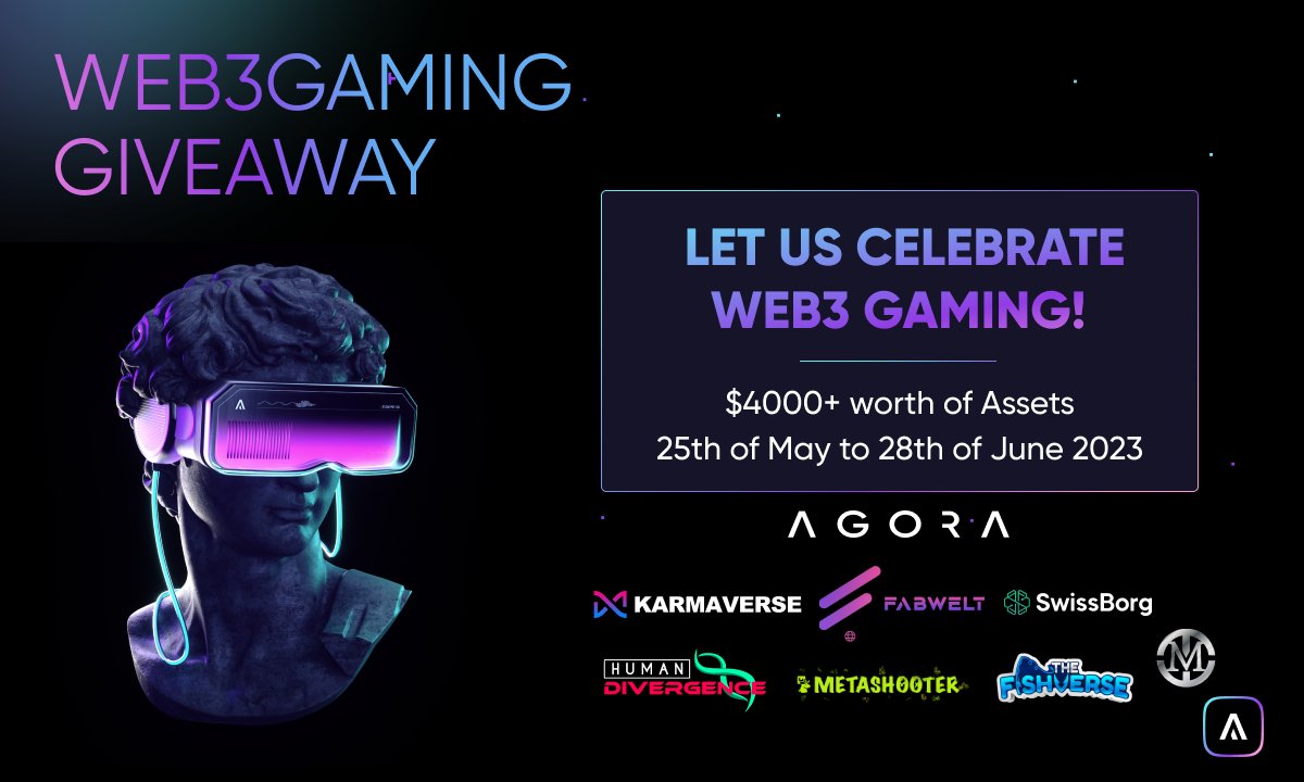 🎉Today we celebrate #Web3gaming!🎉 Join @Agoradex's #gamefi celebration with 7 exciting ecosystems with over $4,000 of #giveaway on #Galxe. Participate 👉galxe.com/AgoraDex/campa… 💰Claim over $4000+ worth of assets! 🎁 ⏳May 25 - June 28, 2023!