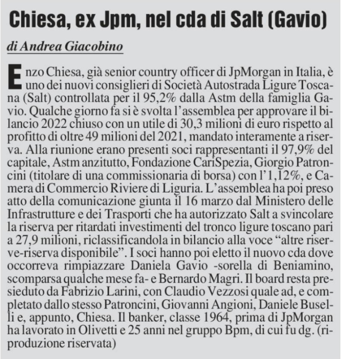 andreagiacobin1's tweet image. #Chiesa, ex @jpmorgan, nel cda di #Salt (#Gavio). Su MF 25/05/23. #autostrade #astm