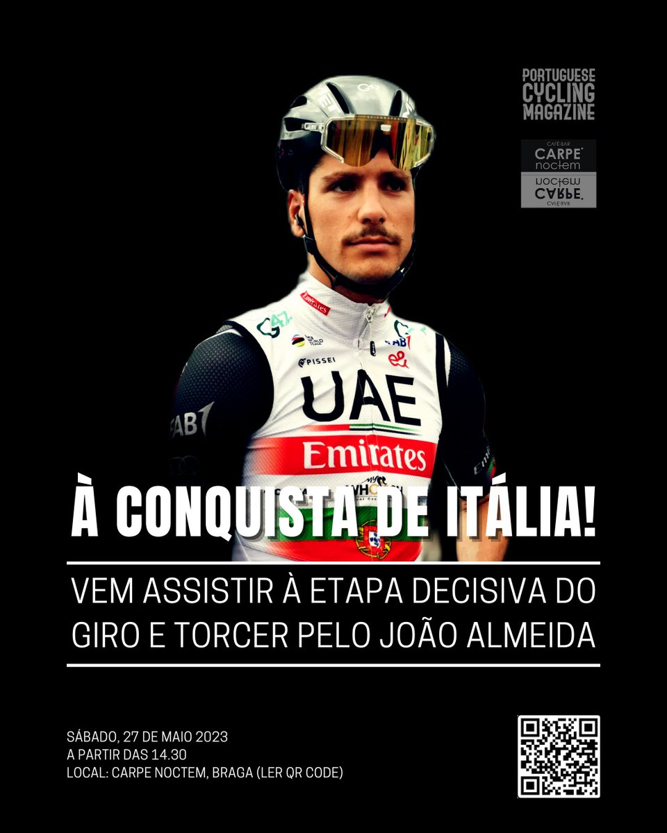 PCMPTMag's tweet photo. Sábado vamos à Conquista de Itália! Venham todos assistir à etapa decisiva do Giro no Carpe Noctem, junto à UM, em Braga.

A concentração começa às 14.30 para assistirmos às decisões do Giro. Traz todos os teus amigos que gostam de ciclismo para se juntarem a nós. https://t.co/9T6eo0EAAx