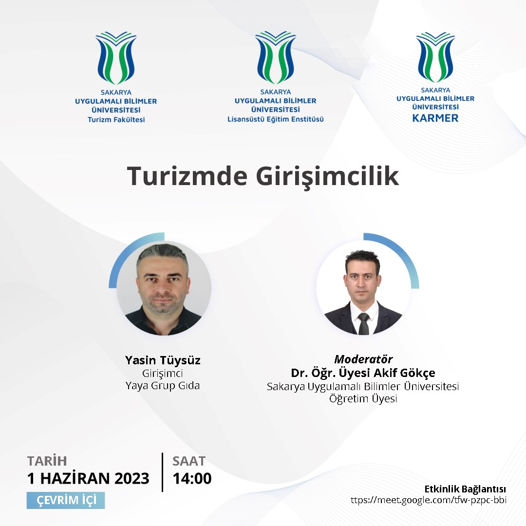 Yüksek lisans ve doktora programlarındaki öğrencilerimize yönelik gerçekleştirilecek olan "turizmde girişimcilik" konulu seminerimize dair bilgiler görselde sunulmuştur.
<a href="/subukariyer/">SUBÜ Kariyer Merkezi</a>
<a href="/SubuTurizm/">SUBÜ Turizm Fakültesi</a>
meet.google.com/tfw-pzpc-bbi