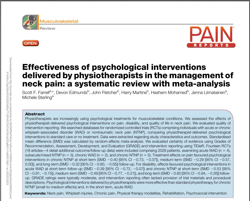 Effectiveness of psychological interventions
delivered by physiotherapists in the management of
neck pain: a systematic review with meta-analysis

👇👇👇

journals.lww.com/painrpts/Fullt…