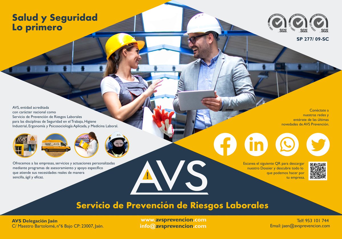 👷‍♂️ Porque la seguridad es lo primero, confía en <a href="/AVSprevencion/">AVS Prevencion</a>

👍 Prevención de Riesgos Laborales en las disciplinas de Seguridad en el Trabajo, Higiene Industrial, Ergonomía y Psicosociología Aplicada y Medicina Laboral

📞 953101744
📲 avsprevencion.com

#SomosJaén💛
