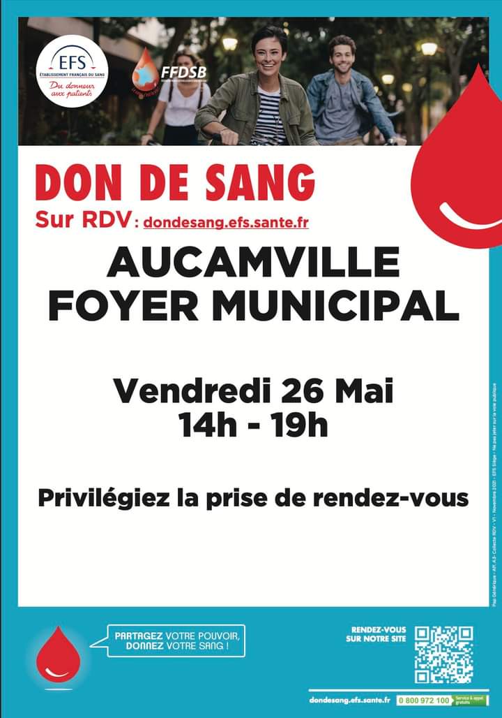 💪🩸COLLECTE DE SANG | Vendredi 26 mai, collecte de sang au Foyer municipal d'Aucamville ! 
Rendez-vous de 14h à 19h au Foyer municipal, 1 rue Jean Jaurès. 
(Des cannelés vous seront offerts après votre don 😋) 
#DonDuSang #Aucamville