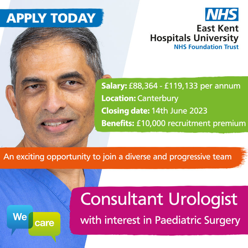 EKHUFTJobs's tweet photo. We are currently recruiting for a Consultant Urologist with an interest in Paediatric Surgery to join our excellent team

To apply, or for more information, visit: https://t.co/bqLVi9eQYA  

#Urology #Urologist #EKHUFT

@EastKentUrol @sashi_kommu @drmmthomas @DrBenEddy @EKHUFT