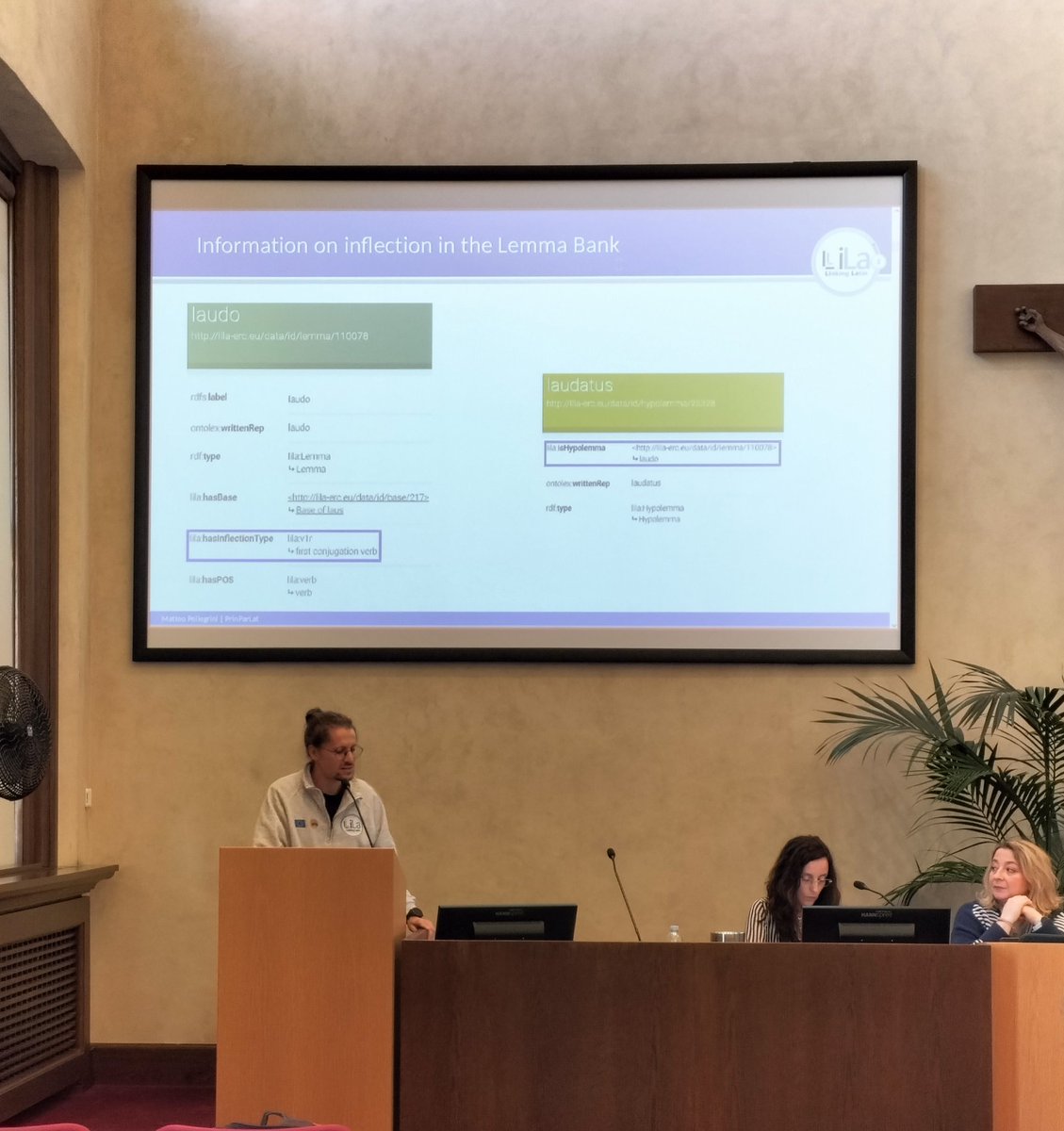 ERC_LiLa's tweet image. Matteo Pellegrini is presenting a new resource for Latin inflection linked to the LiLa Knowledge Base: PrinParLat! #DigiClass #Latin #workshop