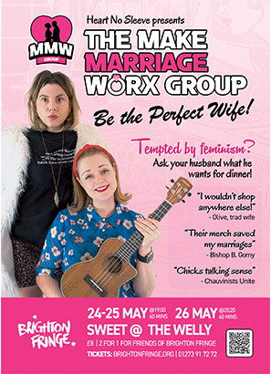 Emma Davies (@emma_dav1es) on Twitter photo The Make Marriage Worx Group is a satirical comedy exploring the trad-wife movement, the media & internalised misogyny.
Expect dark humour, music & questionable relationship advice.
Tonite @ 7pm & Tomorrow @ 8.20pm
🎟️shorturl.at/CDHOU
<a href="/brightonfringe/">Brighton Fringe</a> <a href="/SweetVenuesBtn/">Sweet Venues Brighton</a> The Make Marriage Worx Group is a satirical comedy exploring the trad-wife movement, the media & internalised misogyny.
Expect dark humour, music & questionable relationship advice.
Tonite @ 7pm & Tomorrow @ 8.20pm
🎟️shorturl.at/CDHOU
<a href="/brightonfringe/">Brighton Fringe</a> <a href="/SweetVenuesBtn/">Sweet Venues Brighton</a>