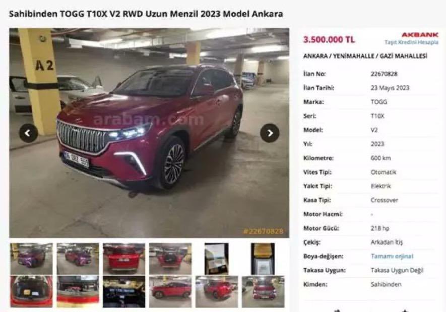 TOGG’un ikinci el  fiyatı: 3.500.000 milyon TL.
Satış fiyatı 1.215.000 TL…
