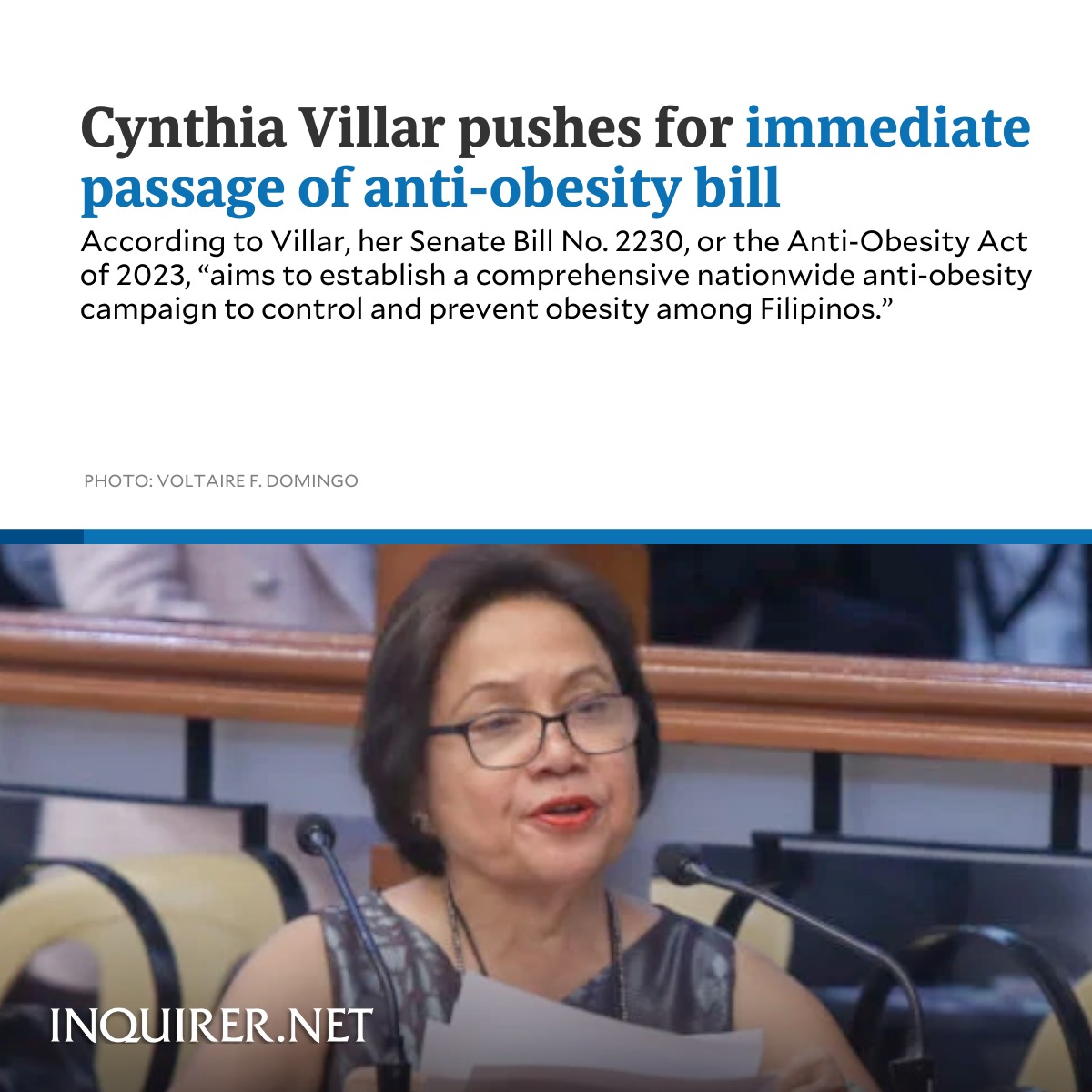 Senator Cynthia Villar has sought the immediate passage of a measure to address the alarming rates of obesity in the country.

READ: inq.news/AntiObesityBill