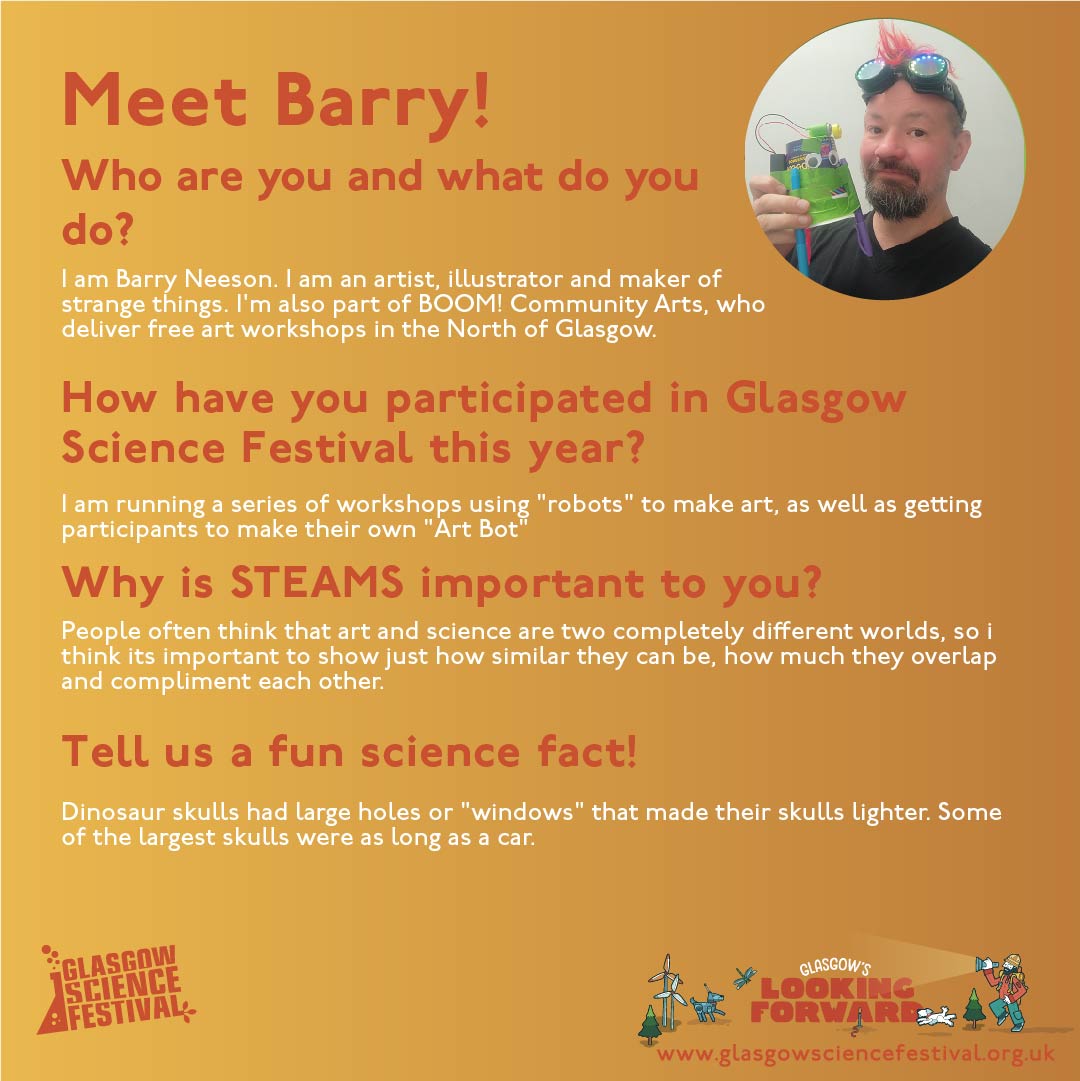 #GlaSciFest 23 Meets Barry Neeson! 

Barry owns <a href="/Boom_Arts/">Boom Community Arts</a> and is working with #GlaSciFest to run three workshops at <a href="/LambhillStables/">Lambhill Stables</a> for their members. 
🤖🧑‍🎨🤖
These workshops are invite only for Lambhill Stables Youth and Community groups. 
More info: gla.ac.uk/events/science…