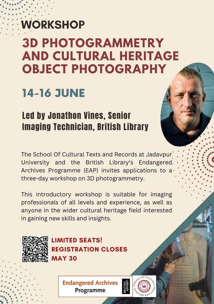 sctrju's tweet photo. The deadline for our 3D Photogrammetry and Cultural Heritage Object Photography workshop led by the British Library's Jonathon Vines and supported by @bl_eap has been extended to 30th May.

#CulturalHeritage #photography #archiving https://t.co/ZjAxc6VYiq