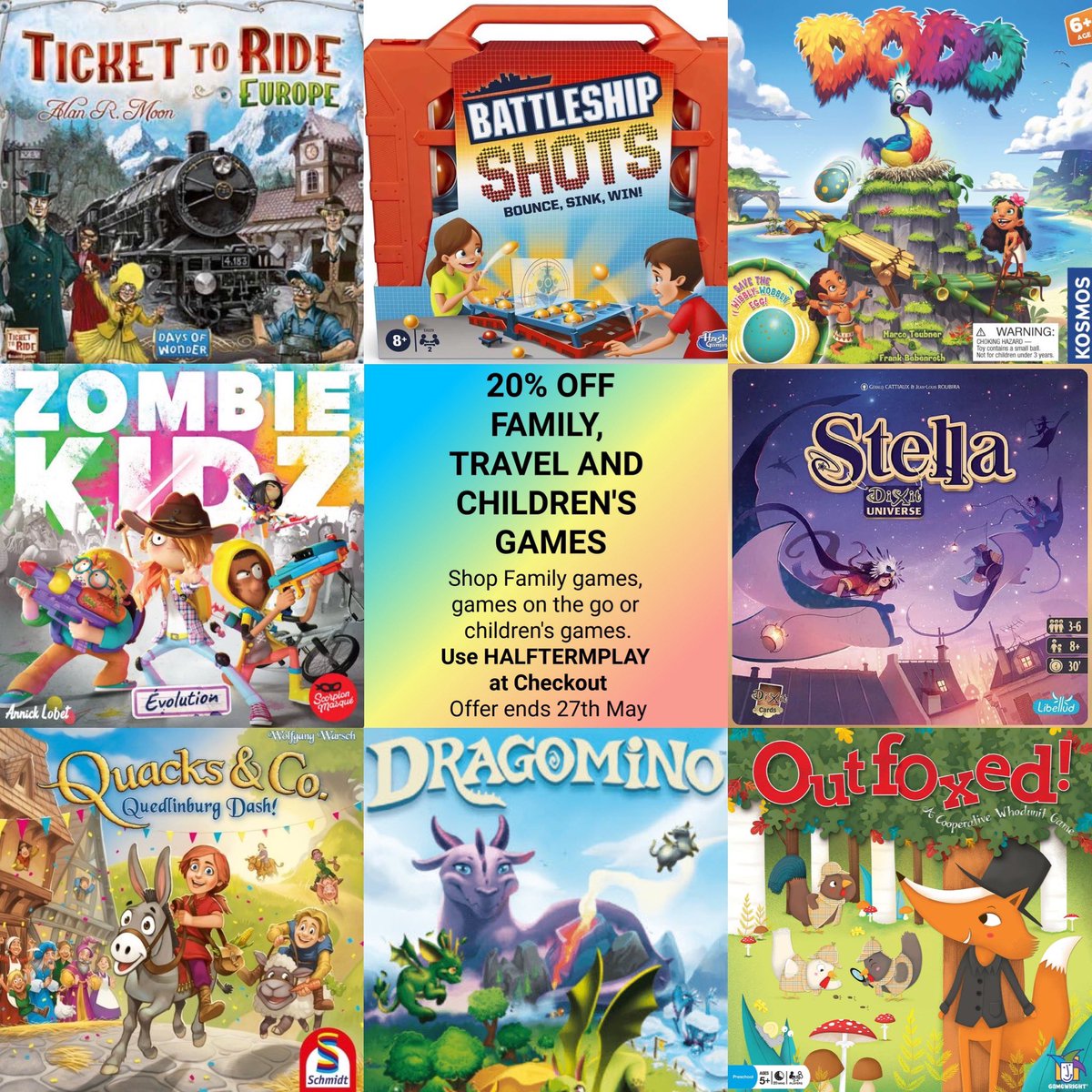 hampton_games's tweet photo. Our 20% off Family and Children’s event ends Saturday 27th May. A wide range of award-winning games to choose from to entertain everyone during Half-Term! Just use HALFTERMPLAY at checkout https://t.co/RUSz14UO8o https://t.co/5j5hOze3Bw