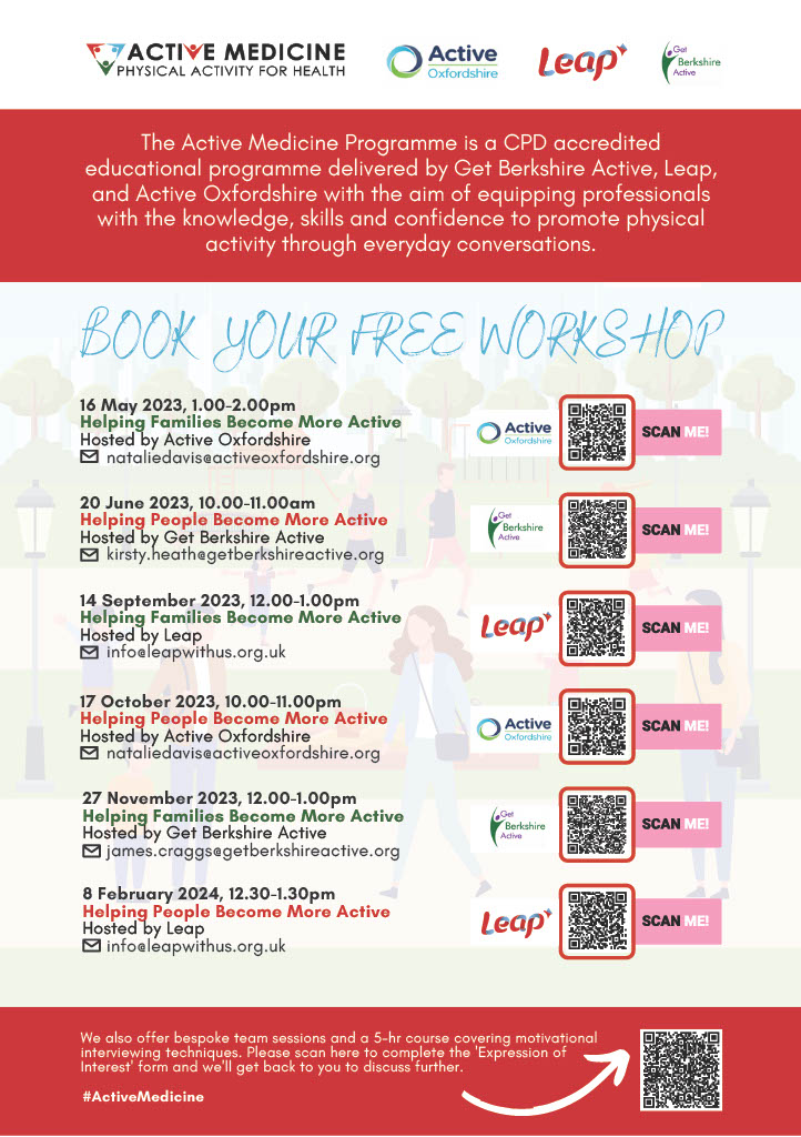 Our FREE one hour online workshop is designed to equip professionals with the knowledge, skills & confidence to promote physical activity in everyday conversations! Join our next one on 20th June, 10-11am, here: https://t.co/CDbIrhkDuG. For other dates, scan the QR in our flyer!