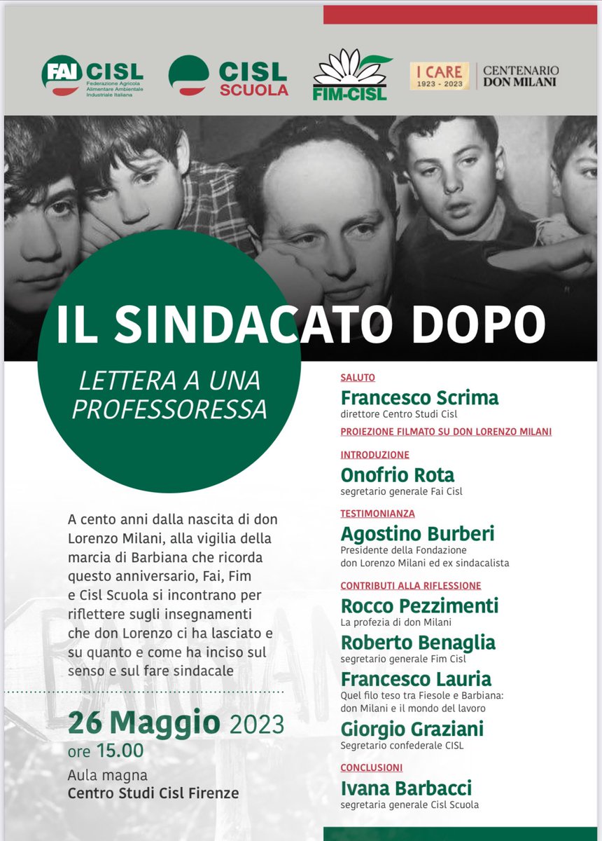 CislNazionale's tweet photo. #Lavoro: la Cisl domani, venerdì #26maggio, ricorda #DonMilani al Centro Studi Cisl di Firenze e aderisce alla #marciadiBarbiana del #27maggio con cui si apriranno le iniziative previste dal Comitato per il centenario della nascita 👉https://t.co/zuq9RTCka1 https://t.co/PSjVNvJqmR